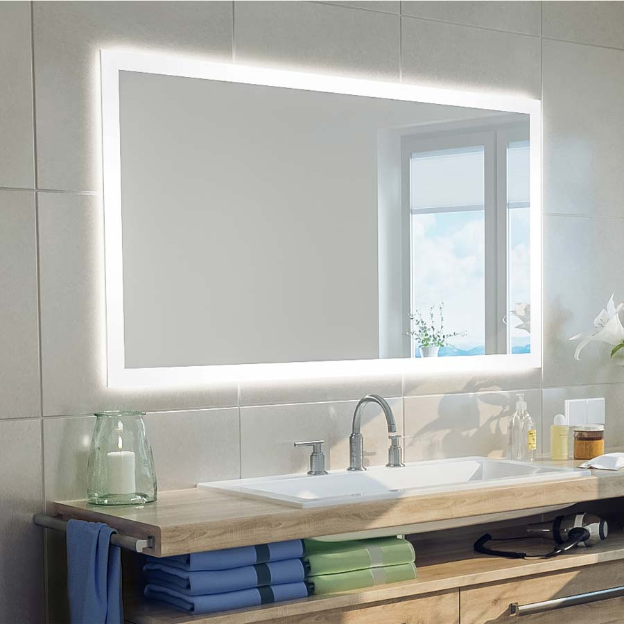 4-seitig beleuchteter Badspiegel / Individuell auch mit Digitaluhr, Steckdose, u.v.a.m. erhältlich